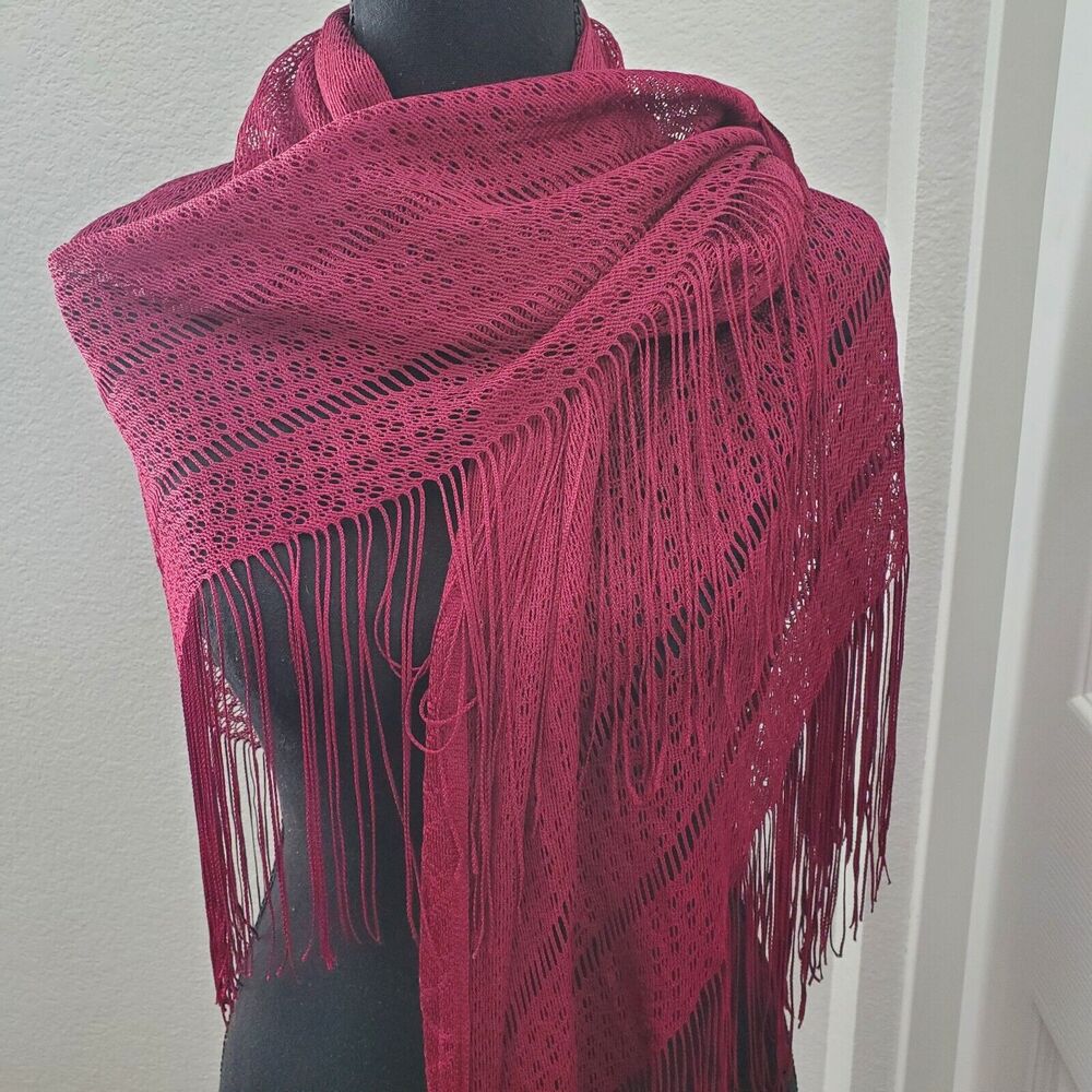 Vintage English Village Open Weave Crochet Rayon Burgandy Fringe Shawl
